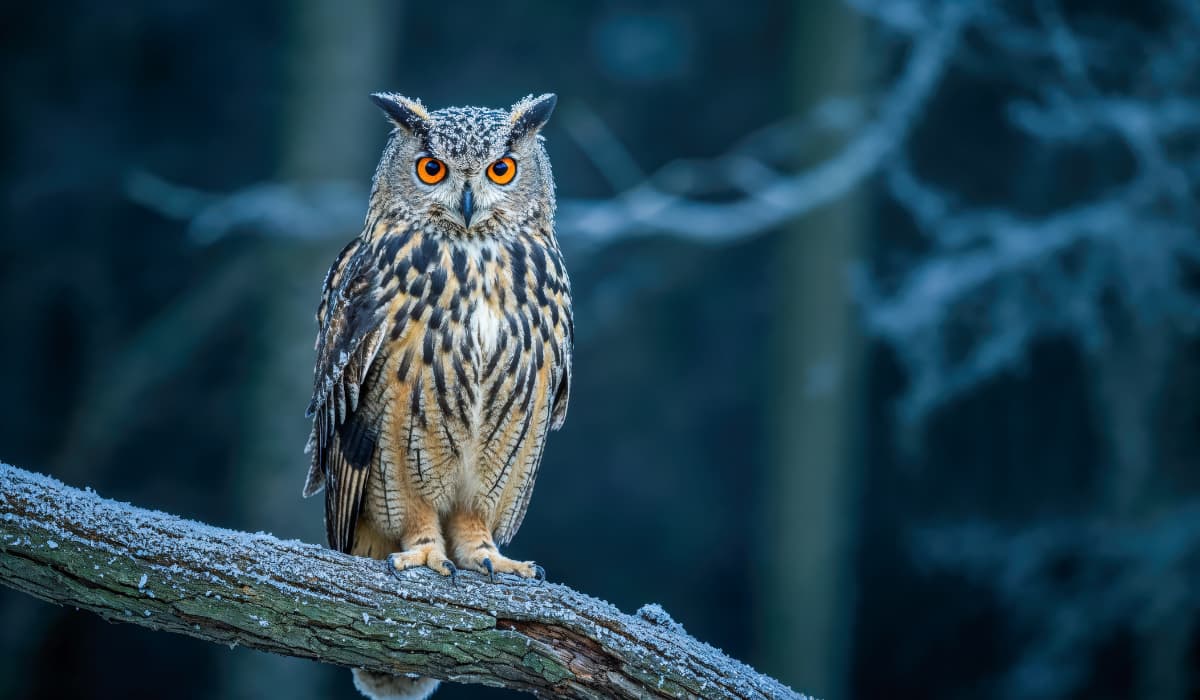 Owl perched on branch showing detailed feather colors and patterns used for camouflage