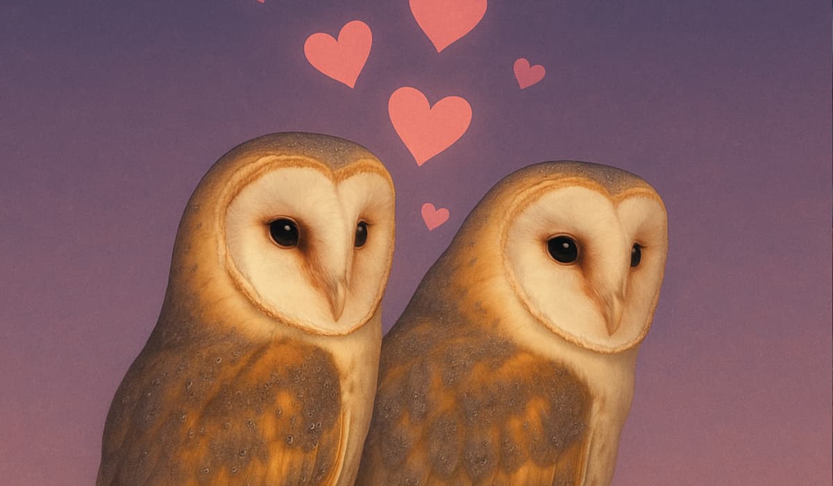 Barn owl pair with hearts at dusk, romantic owl valentine image for Valentine’s Day article.