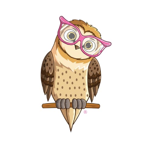 Cute barn owl illustration with pink glasses perched on a branch in a playful style
